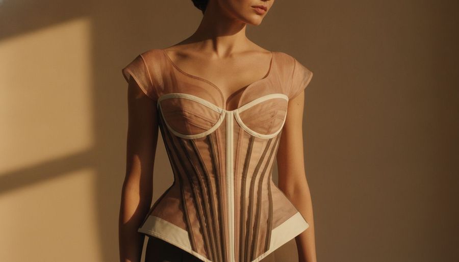Close-up of a structured corseted waist showing seam lines releasing shape.