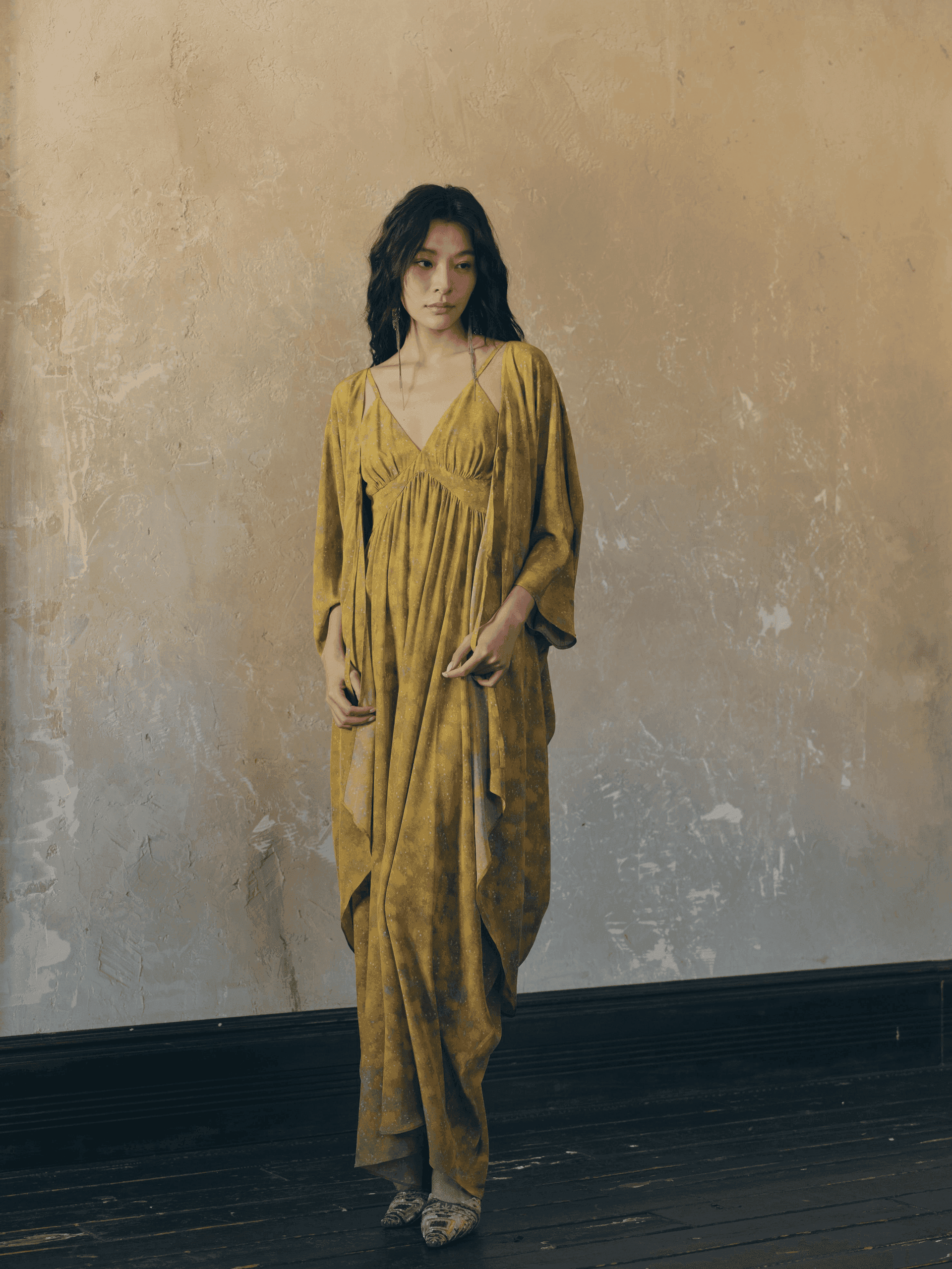 Daytime Fireworks two-piece maxi set — flowing silhouette in natural silk with soft draped pleats