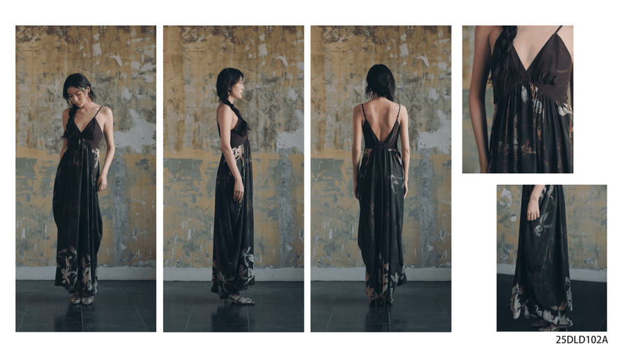 Dili lookbook composite of a black floral evening gown
