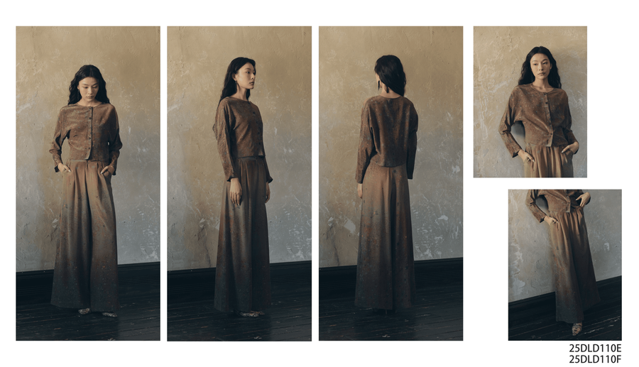 Dili lookbook composite of a cropped jacket and wide-leg trousers set