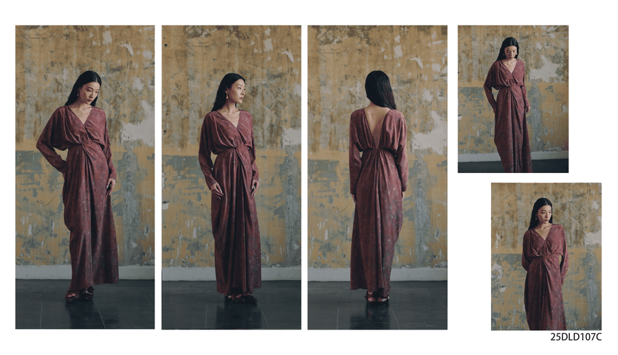 Dili lookbook composite of a long-sleeved burgundy dress