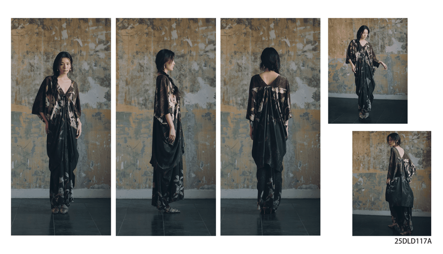 Dili lookbook composite of a dark printed robe with wide sleeves