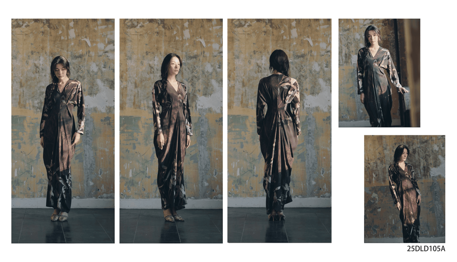 Dili lookbook composite of a printed tunic and wide-leg trousers