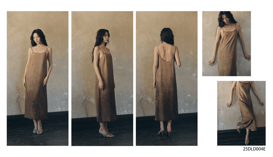 Dili lookbook composite of a sleeveless brown slip dress