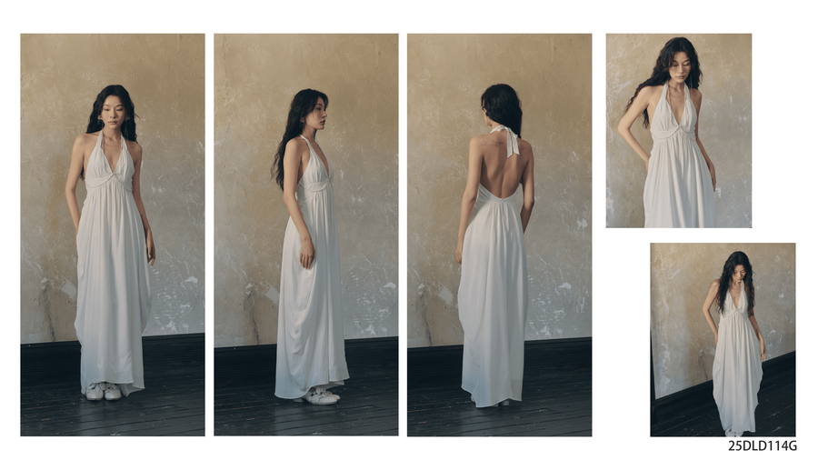 Dili lookbook composite of a flowing white halter dress