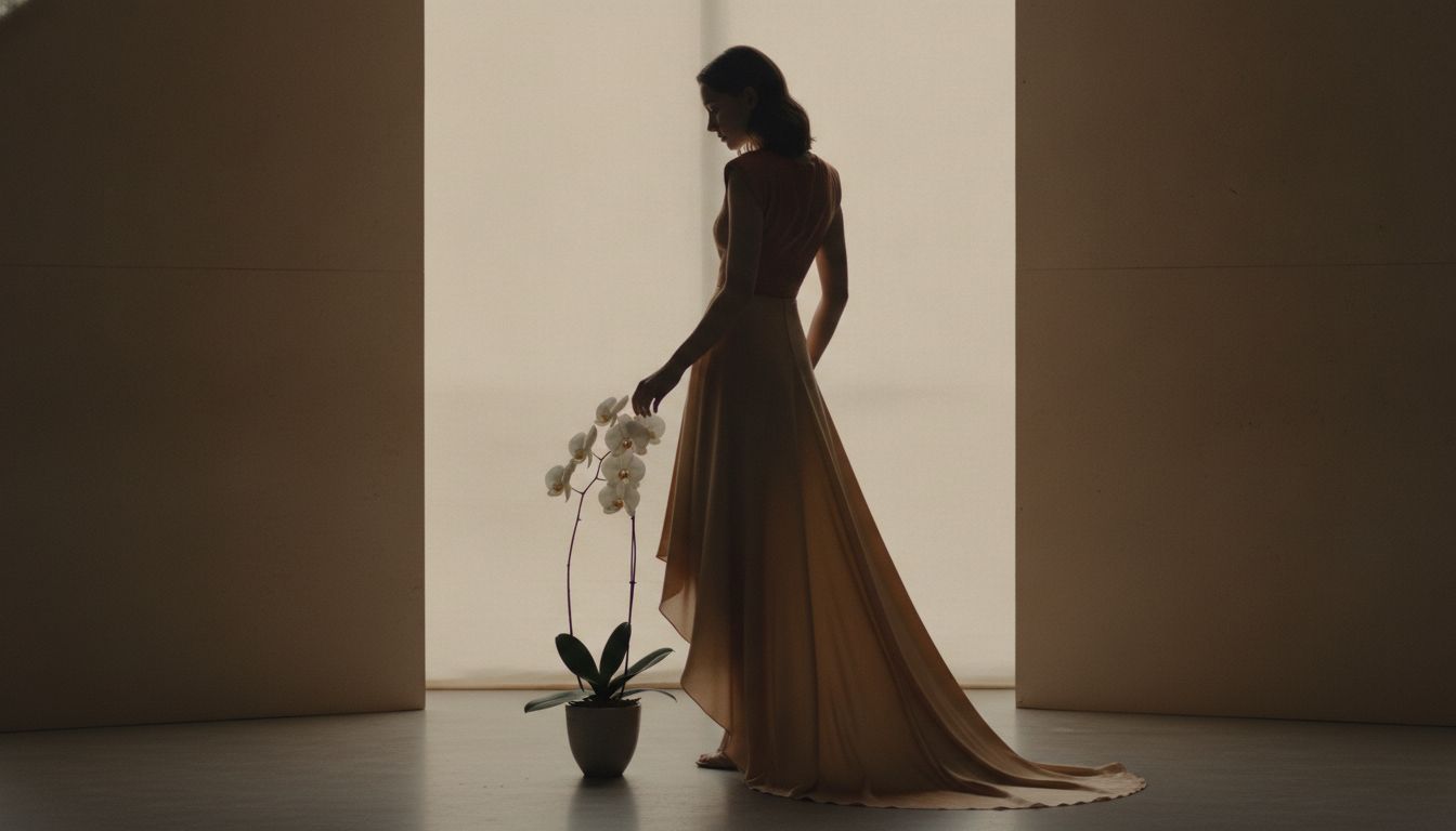 Model in a flowing silk dress from the Nine Orchids collection, the asymmetric hemline suspended mid-movement.