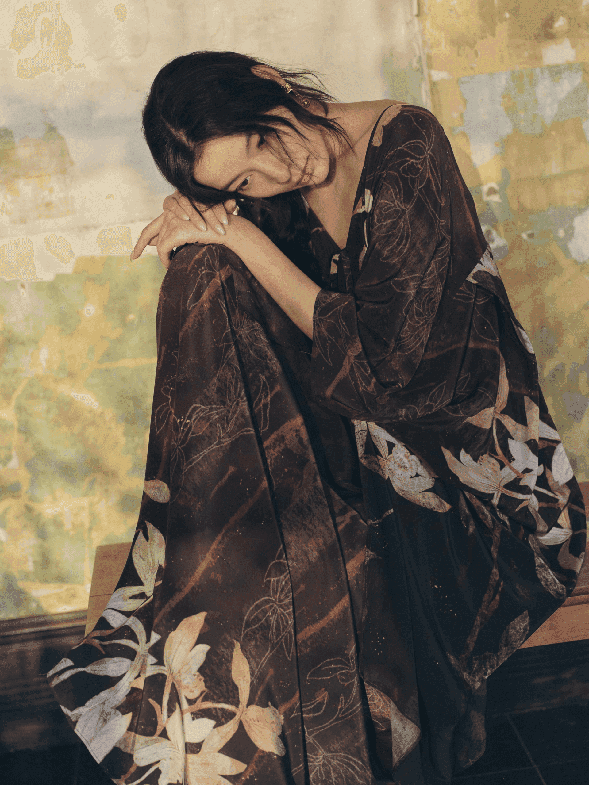 Nine Orchids collection look — detail of draped sleeve
