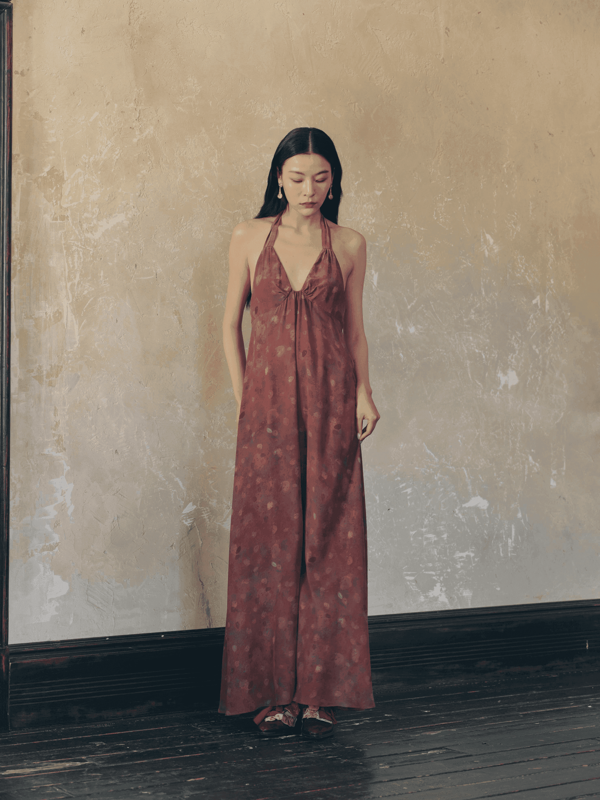 Unfurling Halter Maxi dress — silk halter neckline with cascading back pleats