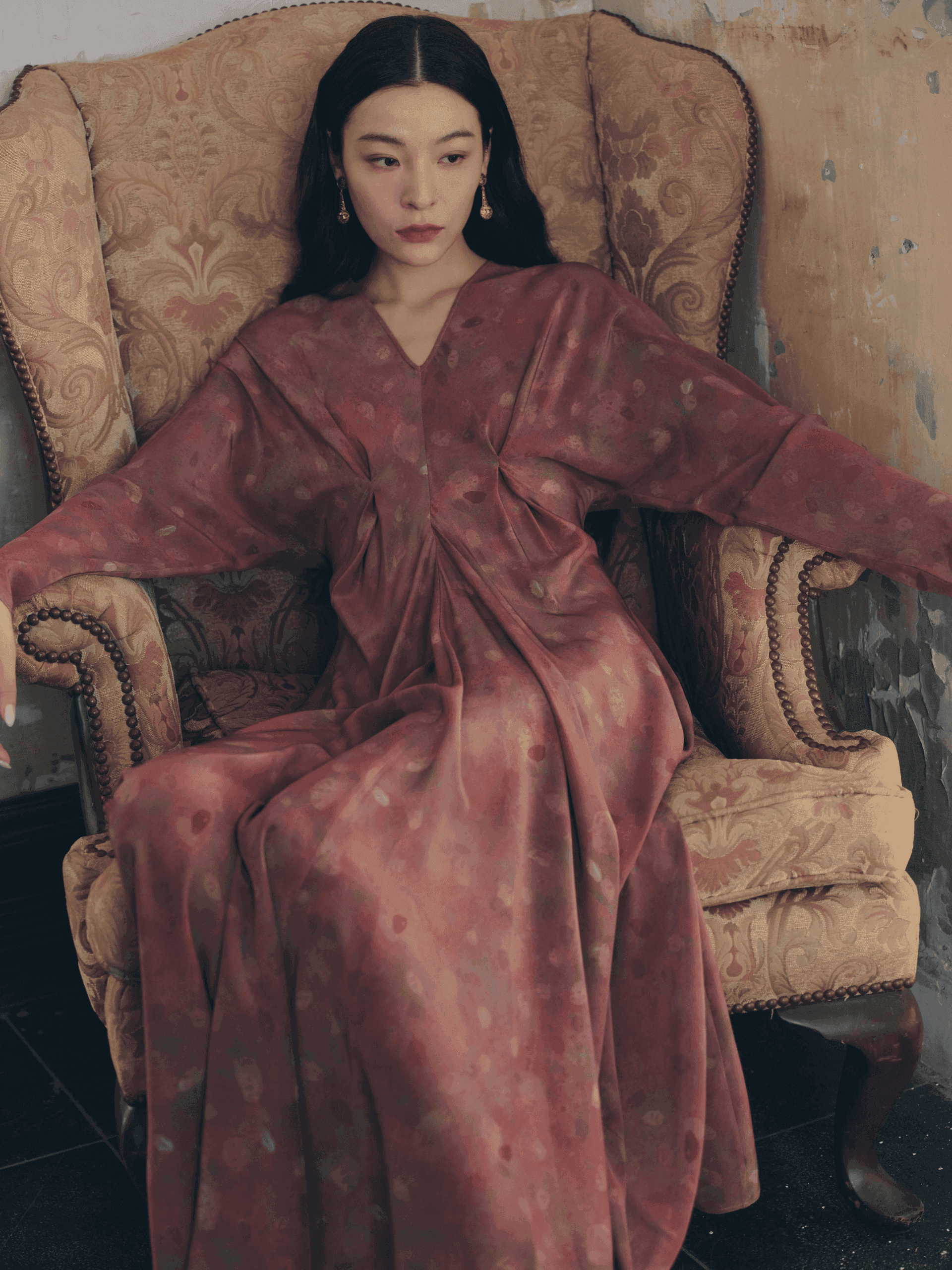 Rose Petals collection look — elegant evening wear in deep burgundy