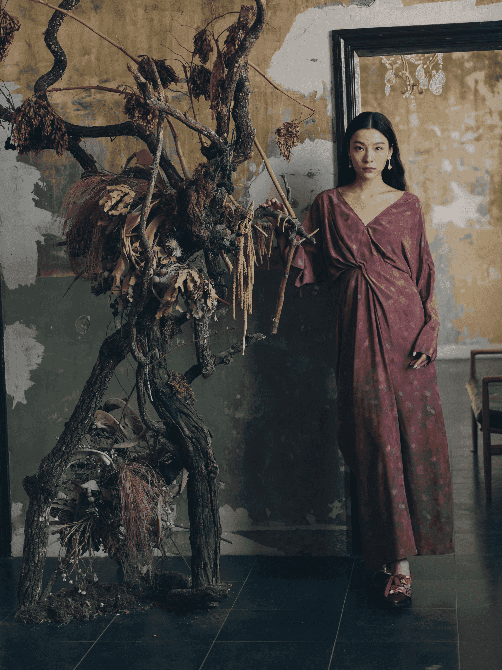 Rose Petals collection look — delicate silk wrap dress with petal-inspired details